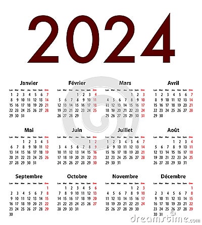 French Calendar grid regular digits for 2024. MF Vector Illustration