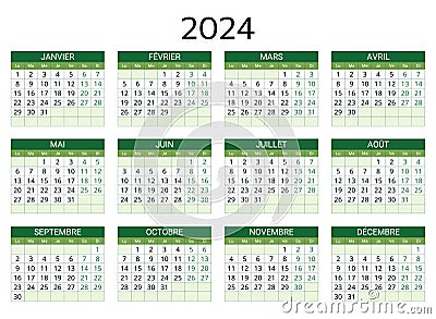 2024 french calendar. Printable, editable vector illustration for France. 12 months year calendrier Vector Illustration