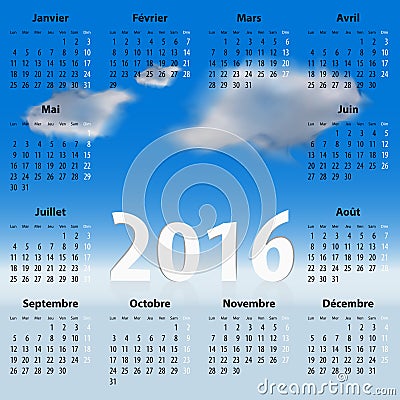 French Calendar for 2016 year with clouds Vector Illustration