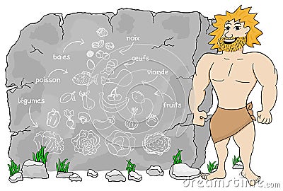 French cave man explains paleo diet using a food pyramid drawn o Vector Illustration