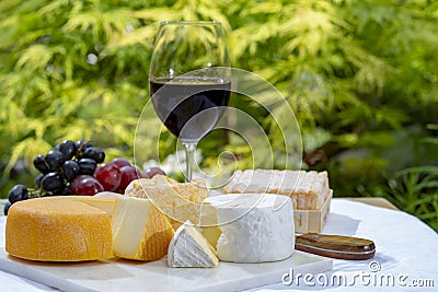 French cheeses collection, yellow Riche de Saveurs, Vieux Pane and Le peche des bons peres cheeses served with glass of red port Stock Photo