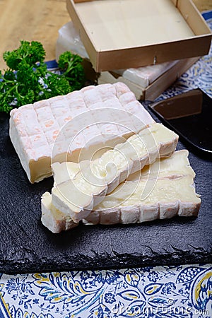 French cheeses collection, yellow Vieux Pane cheese with white mold Stock Photo