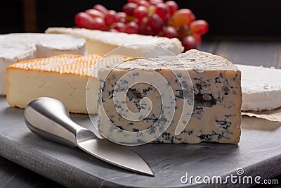 French cheeses plate in assortment, blue cheese, brie, munster, Stock Photo