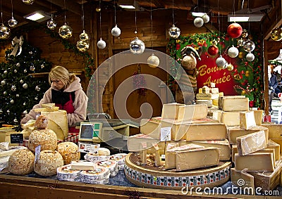 French Christmas Market in Bologna. Mercatino Francese, Piazza Minghetti. Bologna, Italy Editorial Stock Photo