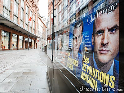 French city with Macron revolution cover magaizne press kiosk Editorial Stock Photo