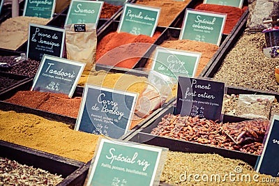French colorful herb and spices at street market in the village in Provence, France Stock Photo