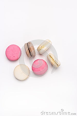 French Colorful Macarons Colorful Pastel Macarons on White Background Pink Brown White Macaron Stock Photo