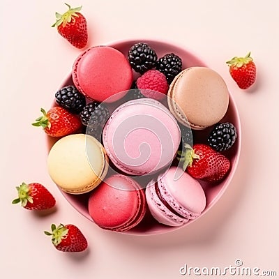 French colorful macaroons on a plate. Pink background. Stock Photo