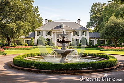 french country home with circular driveway and a large fountain in the center Stock Photo