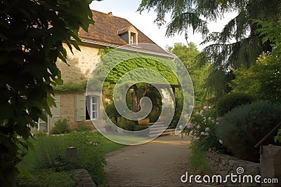 french-country house, with lush garden and patio, surrounded by vineyard Stock Photo