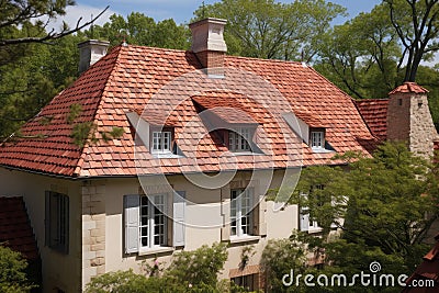 french country house roof with bold red tile roof and dormer windows Stock Photo