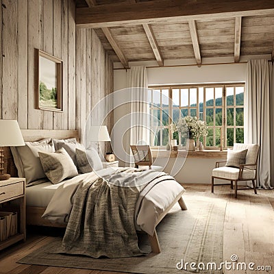 French country, rustic interior design of modern bedroom in farmhouse Stock Photo
