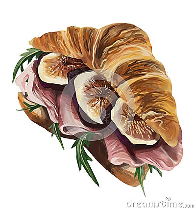 A french croissant with ham, figs and ruccola Stock Photo