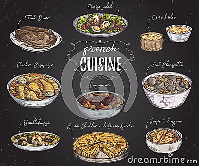 French cuisine. Collection of delicious food on chalkboard. Vector Illustration