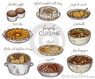 French cuisine. Collection of delicious food. Isolated elements. Vector Illustration