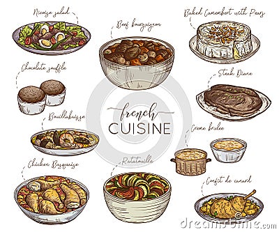 French cuisine. Collection of delicious food. Isolated elements. Vector Illustration