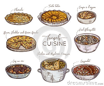 French cuisine. Collection of delicious food. Isolated elements. Vector Illustration