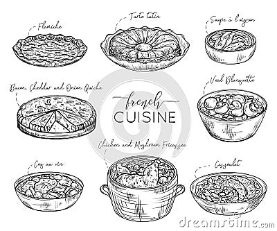 French cuisine. Collection of delicious food. Isolated elements. Vector Illustration