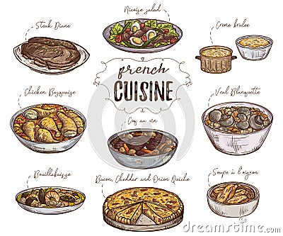 French cuisine. Collection of delicious food. elements. Vector Illustration