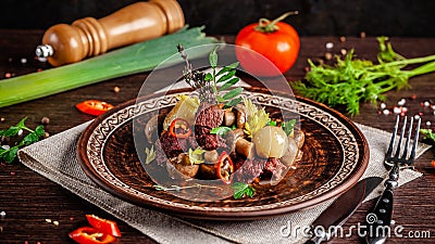French cuisine concept. blanquette of veal with mushrooms, whole stewed onions, carrots and chilli peppers. Serving dishes Stock Photo