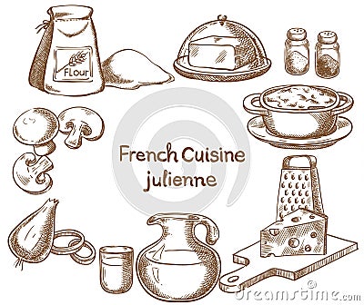 French cuisine, julienne, ingredients Vector Illustration