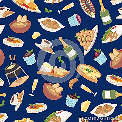 French cuisine vector illustration. Croissant, cheese fondue, champagne glass, frog legs seamless pattern background Vector Illustration