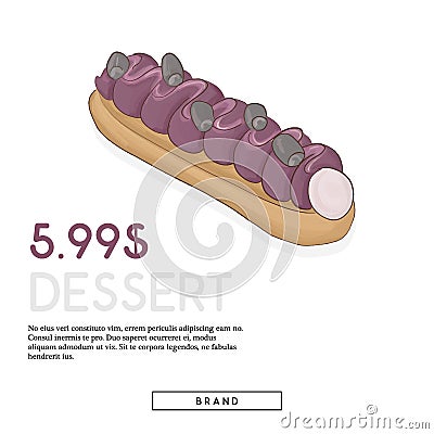 French dessert advertising post. Lunch time creamy food piece with marketing text. Sweet gourmet decorated with chocolate, Vector Illustration