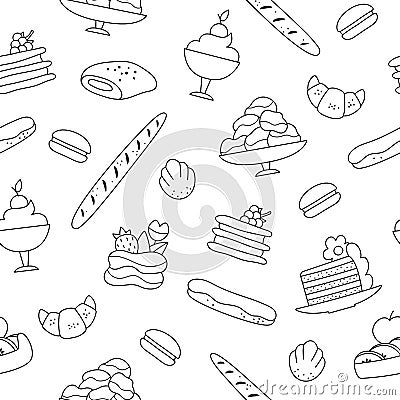 French dessert black and white vector seamless pattern. Repeat line background with baguette, croissant, eclair, cookie, cakes. Vector Illustration