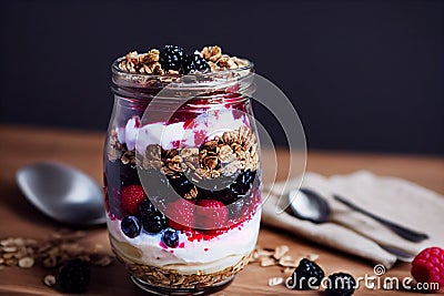 French Dessert - Parfait with Granola and Berries. Closeup view Stock Photo