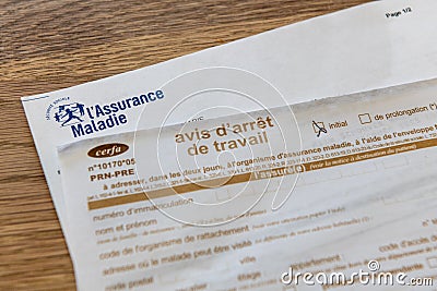 French document of sick leave Editorial Stock Photo