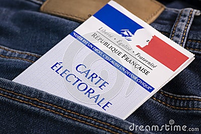 French electoral voter card official government allowing to vote paper in jeans back pocket Stock Photo