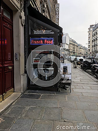 `French Food` advertised by Paris restaurant! Editorial Stock Photo