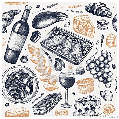 French food vintage backdrop. Hand drawn wine, snacks, meat dishes and desserts sketches. Retro style restaurant menu background Vector Illustration