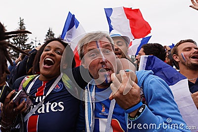 French football fans singing at Saint Petersburg stadium during FIFA World Cup Russia 2018 Editorial Stock Photo