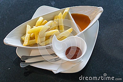 French Frie and Ketchup at restaurant. Stock Photo