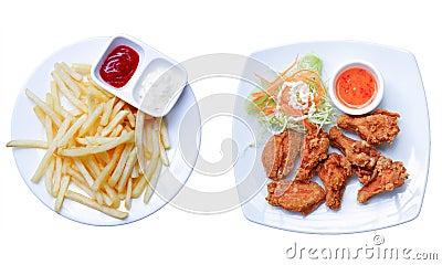French fries and chicken salad on white dish with isolated Stock Photo