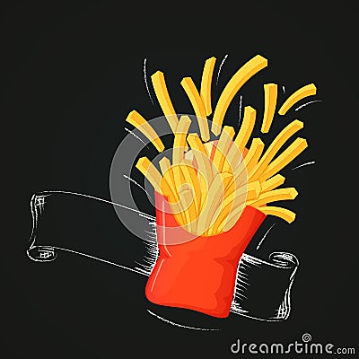 Flying french fries with outline and blank ribbon drawn with chalk. Vector Illustration