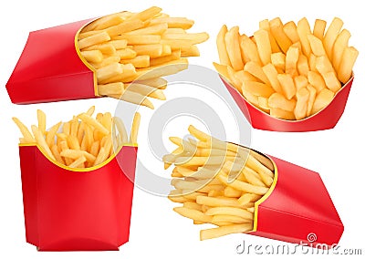 French fries or fried potatoes in a red carton box isolated on white background with full depth of field Editorial Stock Photo