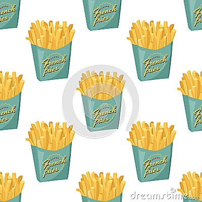 French fries in green paper box background. Fastfood vector seamless pattern. Vector Illustration