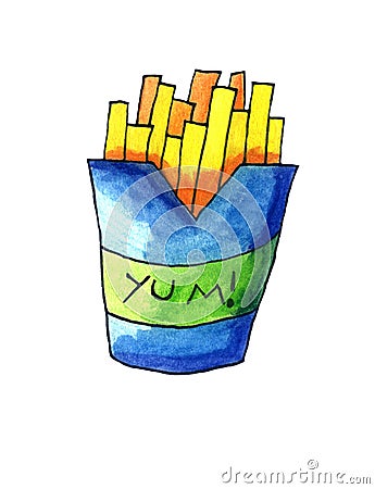 A Yummy Watercolor Pack of French Fries Cartoon Illustration