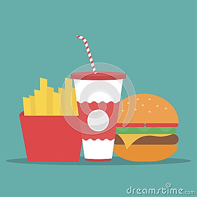 French fries, humburger and soda. Fast food in a flat design Stock Photo