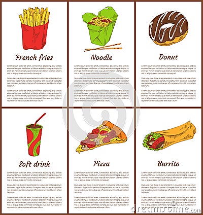 French Fries and Noodles Set Vector Illustration Vector Illustration