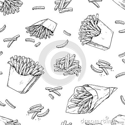 French fries pattern. Hand drawn seamless texture for fast food menu with potato dips. Black and white unhealthy Vector Illustration