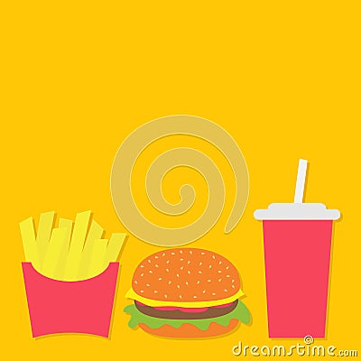 French fries potato in a paper wrapper box. Burger. Soda drink glass with straw. Fried potatoes. Icon set. Movie Cinema icon set. Vector Illustration