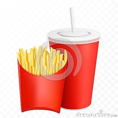 French fries, potatoes chips sticks snack in red cardboard packing, with plastic or paper cup with drinking straw. Snack fast food Vector Illustration