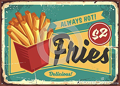 French fries in red box vintage fast food sign Vector Illustration