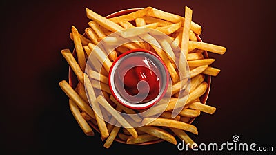 French fries texture with ketchup tomato sauce dark background. Junk food fast meal restaurant cafe salty snack calorie Stock Photo