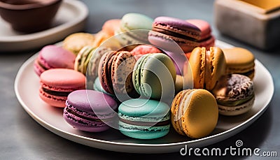 French gourmet macaroon stack, multi colored with sweet almond cream filling generated by AI Stock Photo