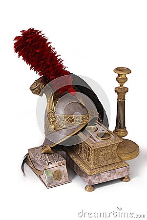 French helmet, inkstand and candlestick Stock Photo