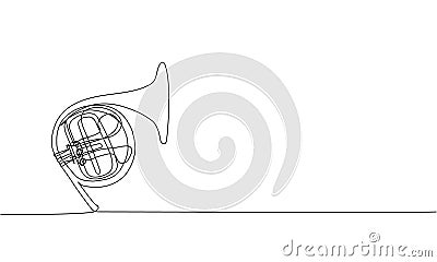 French horn one line art. Continuous line drawing of musical, classic, melody, acoustic, symphonic, horn, french Vector Illustration